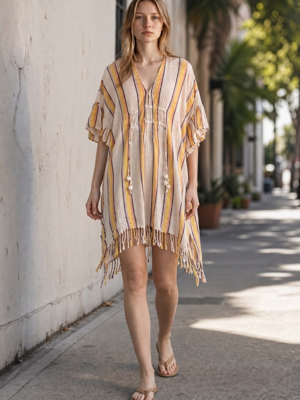 SAYLOR Yellow & Cream Striped Fringe Mini Dress or Beach Cover-Up